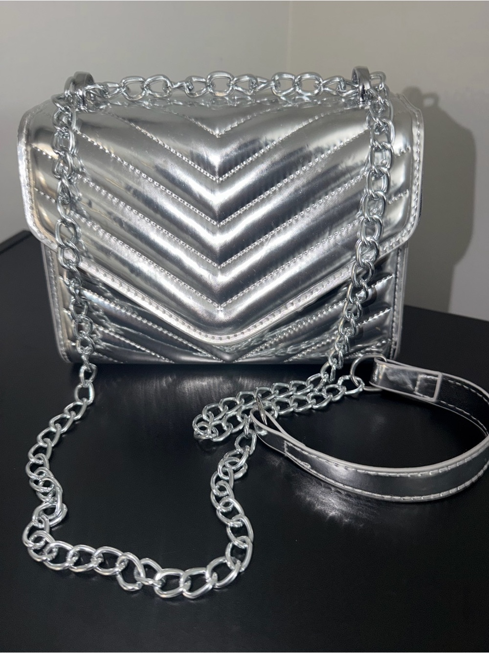 Metallic Silver Quilted Chain Crossbody Bag
